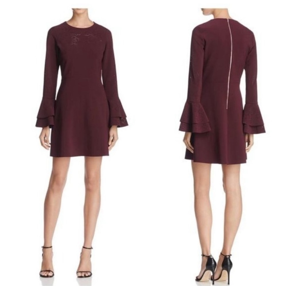 PARKER Orlando Laser Cut Bell Ruffle long Sleeve Dress Raisin Sheath Size 8
